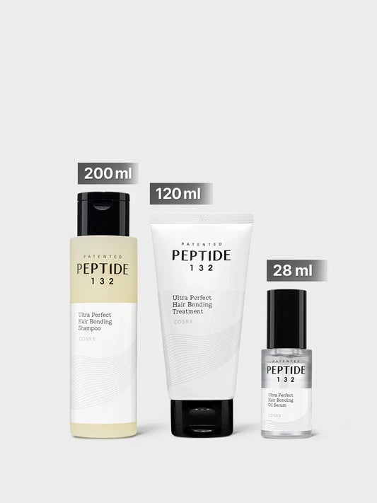 COSRX PEPTIDE-132 Hair Bonding Kit sizes – 200ml shampoo, 120ml treatment, 28ml oil serum