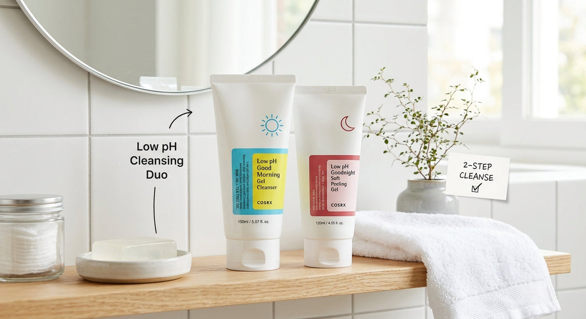 COSRX cleansers in Jordan – Low pH micellar cleansing water and gentle gel cleanser on a bathroom shelf