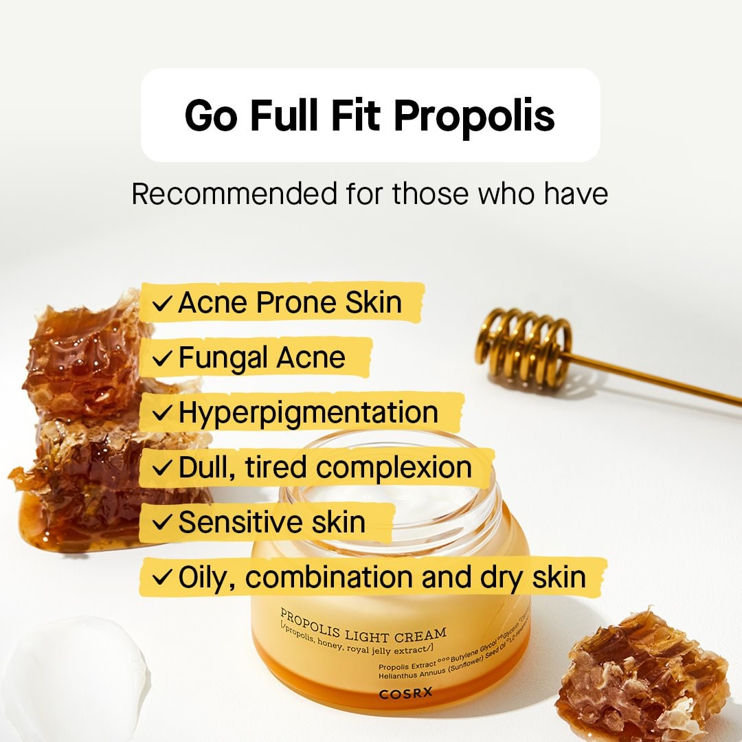 COSRX Full Fit Propolis collection for acne-prone, dull, sensitive and dry skin with honeycomb