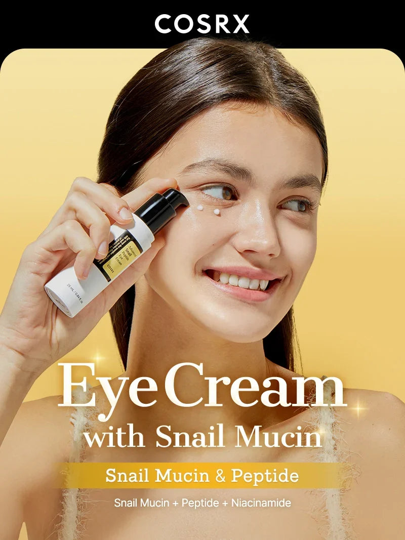 COSRX eye care – woman applying Advanced Snail Peptide Eye Cream with snail mucin and peptides