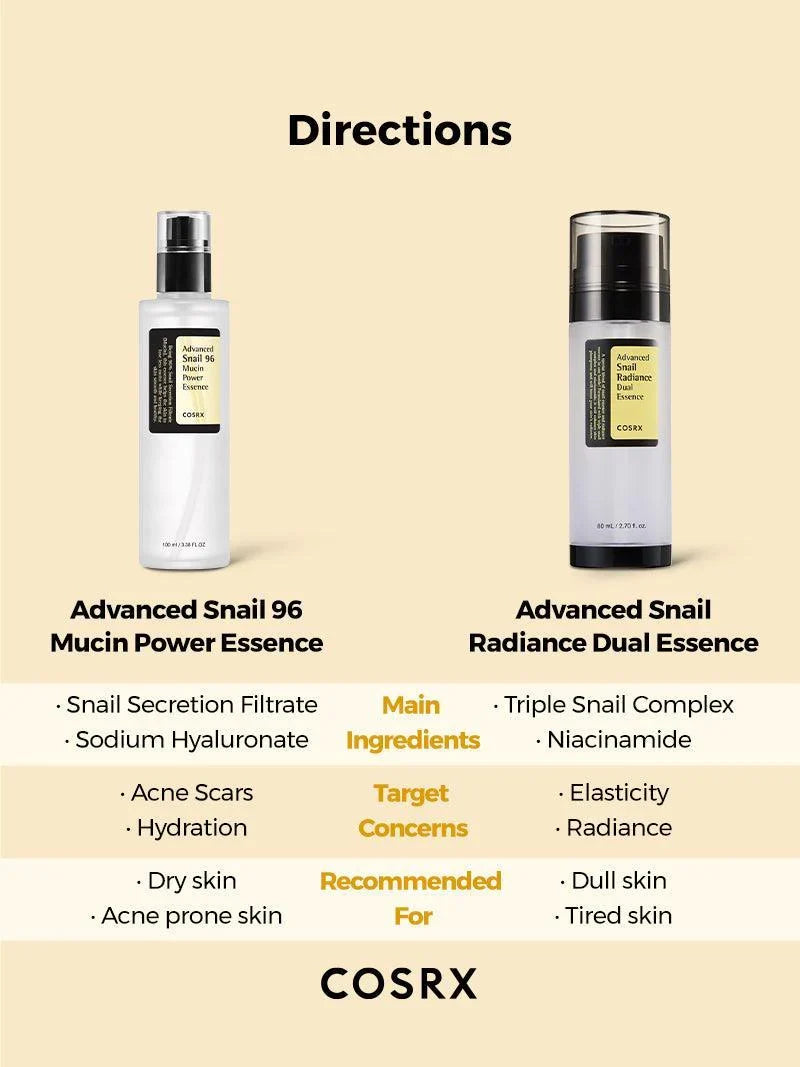 COSRX for dullness and uneven skin tone – Snail 96 Mucin Essence vs Snail Radiance Dual Essence