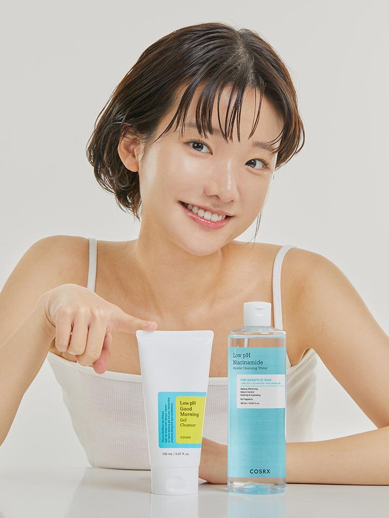 COSRX Korean skin care in Jordan – woman with Low pH cleanser and micellar cleansing water