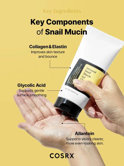 COSRX Snail Mucin Gel Cleanser key components – snail mucin, collagen, elastin, glycolic acid, allantoin