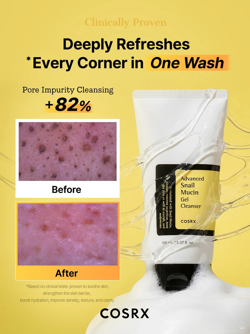 COSRX Snail Mucin Gel Cleanser before and after – deep pore cleansing, 82% impurity removal