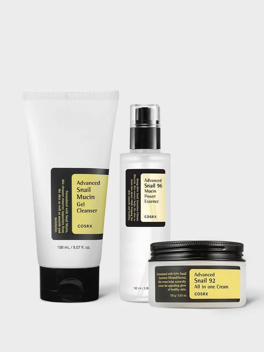 COSRX Advanced Snail Mucin Trio – snail gel cleanser, 96 mucin power essence and 92 cream