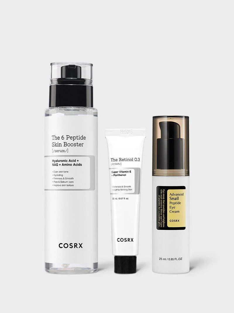 ثلاثي كوزركس للعناية بالتجاعيد العميقة – سيروم 6 ببتيد وكريم الريتينول 0.3 وكريم العين بالحلزون