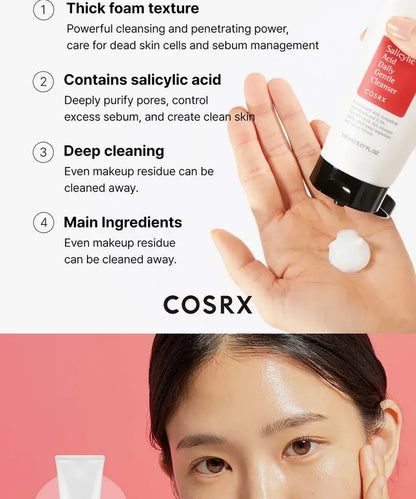 COSRX Salicylic Acid Daily Gentle Cleanser features – thick foam, salicylic acid, deep cleansing