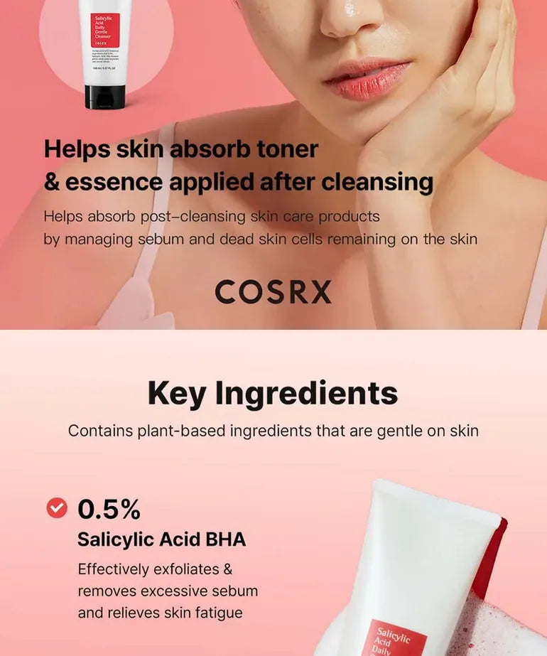 COSRX Salicylic Acid Daily Gentle Cleanser helps skin absorb toner and essence after cleansing