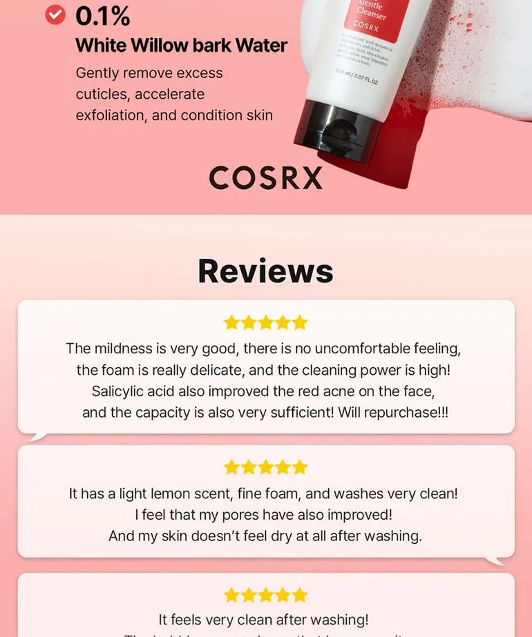 COSRX Salicylic Acid Daily Gentle Cleanser customer reviews and white willow bark water