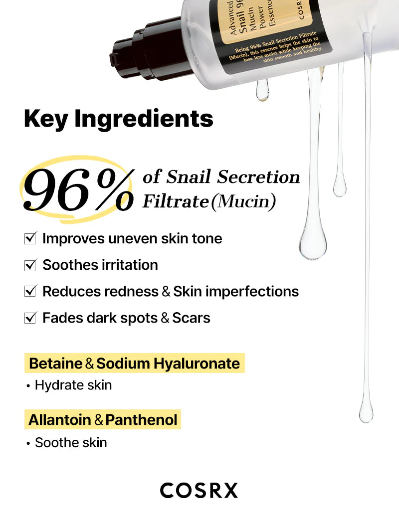 COSRX Snail 96 Mucin Essence key ingredients – 96% snail secretion filtrate, betaine, allantoin, panthenol