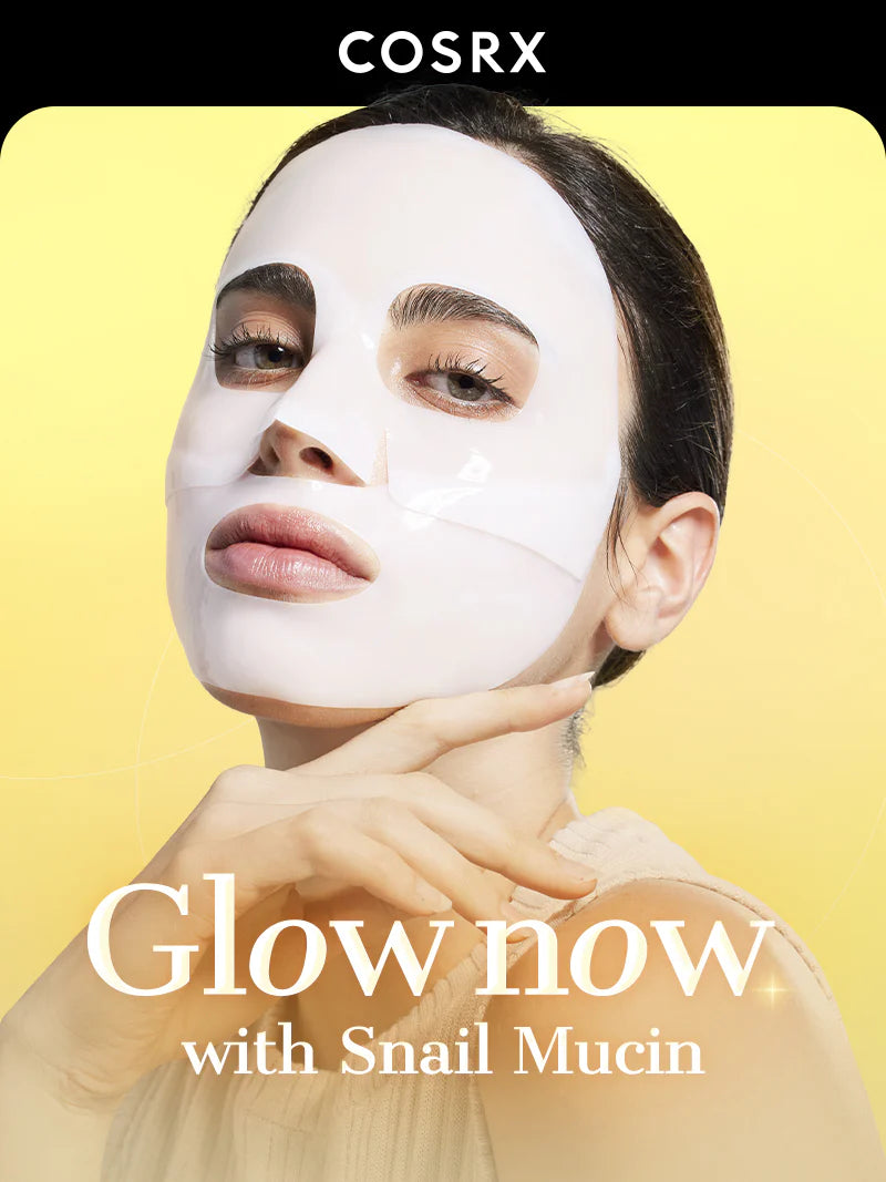 Woman wearing COSRX Snail Mucin Glass Glow Hydrogel Mask – glow now with snail mucin