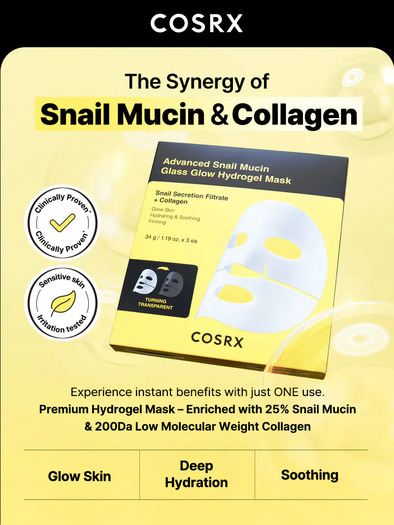 COSRX Snail Mucin Glass Glow Hydrogel Mask – synergy of snail mucin and collagen for deep hydration