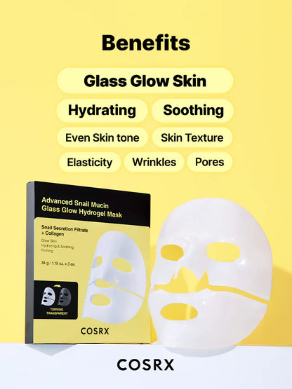 COSRX Glass Glow Hydrogel Mask benefits – glass glow skin, hydrating, soothing, elasticity, pores