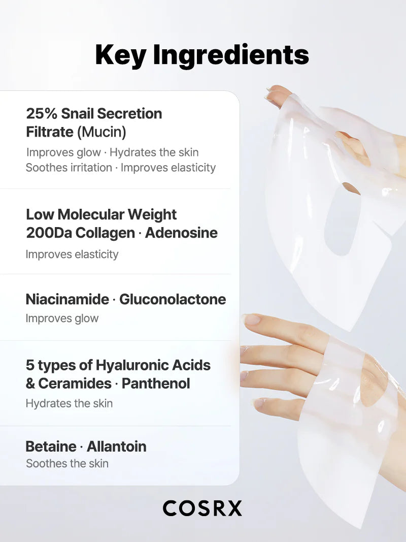 COSRX Glass Glow Hydrogel Mask key ingredients – 35% snail mucin, collagen, niacinamide, hyaluronic acids, ceramides