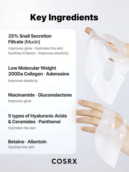 COSRX Glass Glow Hydrogel Mask key ingredients – 35% snail mucin, collagen, niacinamide, hyaluronic acids, ceramides