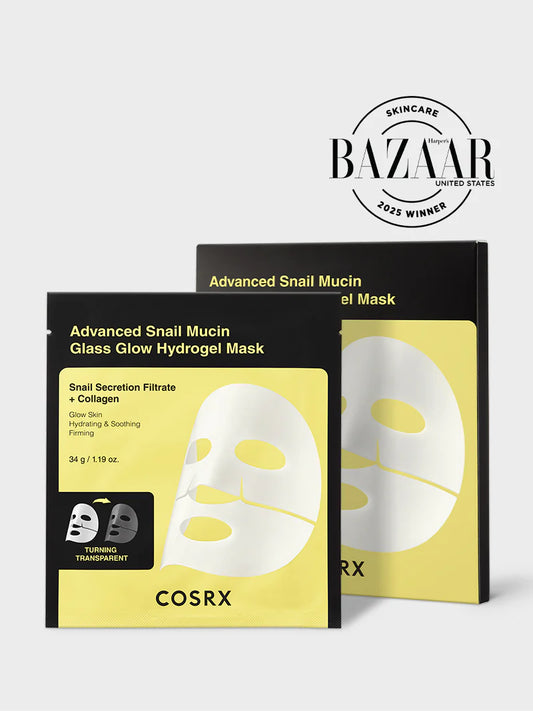 COSRX Advanced Snail Mucin Glass Glow Hydrogel Mask box – featured in Harper's Bazaar