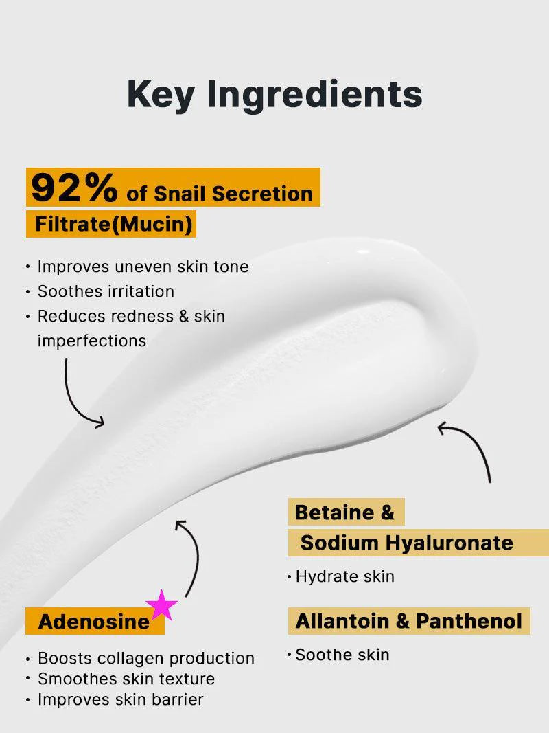 COSRX Snail 92 Cream key ingredients – 92% snail mucin, betaine, sodium hyaluronate, allantoin, panthenol