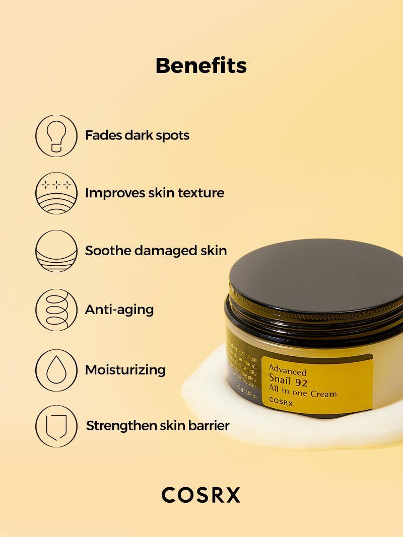 COSRX Snail 92 Cream benefits – fades dark spots, smooths texture, soothes and strengthens skin barrier