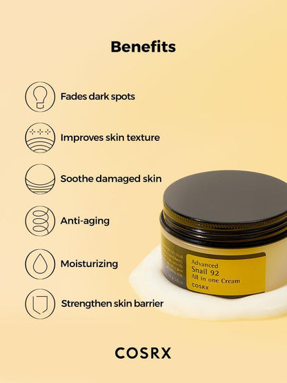 COSRX Snail 92 Cream benefits – fades dark spots, smooths texture, soothes and strengthens skin barrier