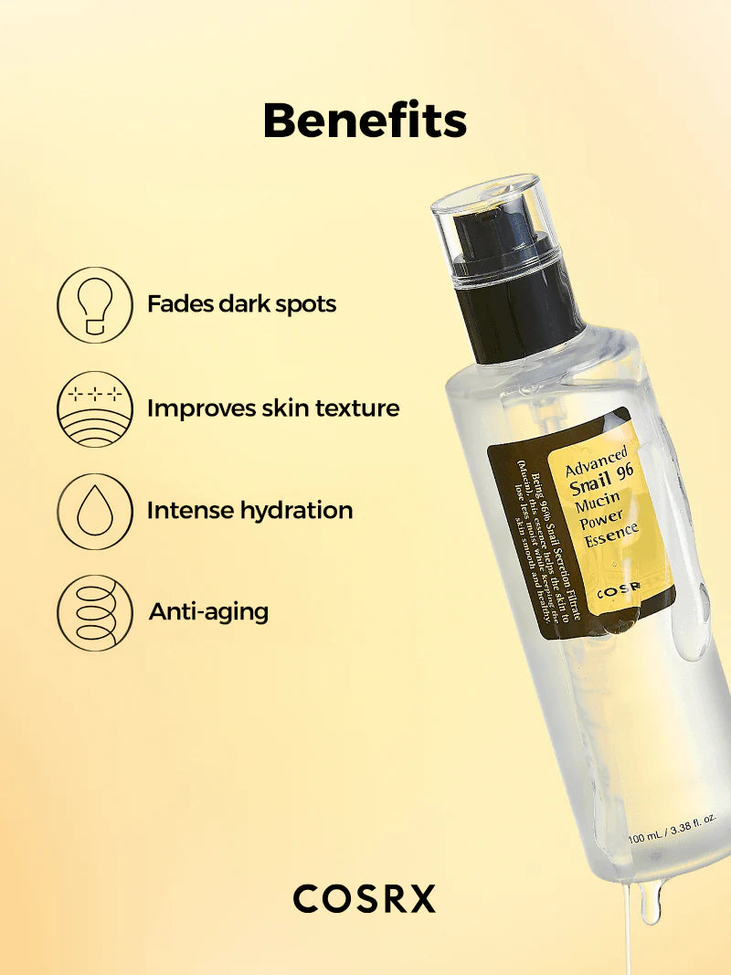 COSRX Snail 96 Mucin Power Essence benefits – fades dark spots, improves texture, intense hydration, anti-aging
