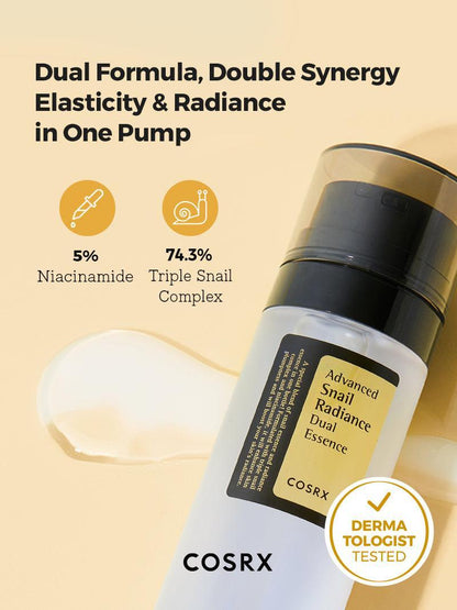 COSRX Advanced Snail Radiance Dual Essence – dual formula for elasticity and radiance in one pump