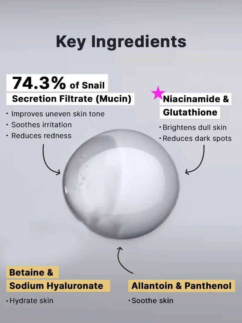 COSRX Snail Radiance Dual Essence key ingredients – 74.3% snail mucin, niacinamide, glutathione, hyaluronic acid
