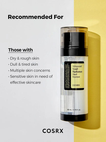 COSRX Snail Radiance Dual Essence recommended for dull, dry, rough skin and multiple skin concerns