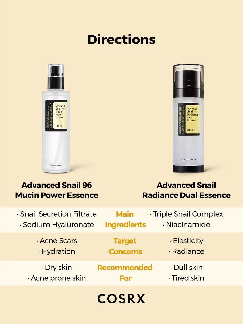 COSRX Snail Radiance Dual Essence vs Snail 96 Mucin Power Essence directions and comparison