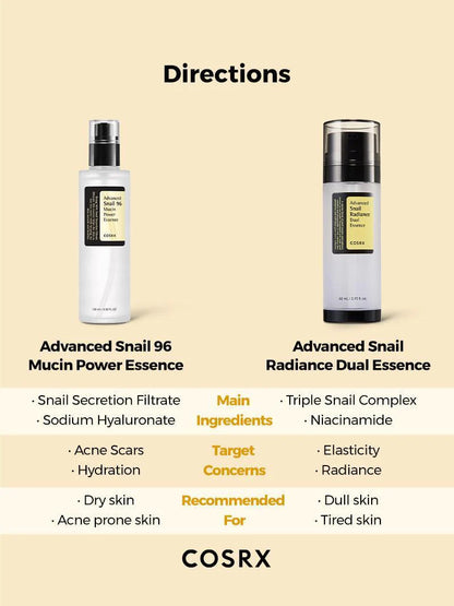 COSRX Snail Radiance Dual Essence vs Snail 96 Mucin Power Essence directions and comparison