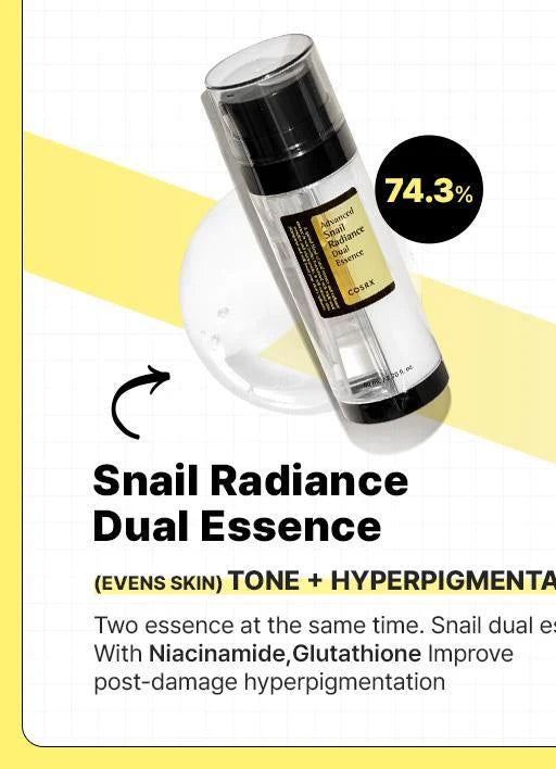 COSRX Advanced Snail Radiance Dual Essence – 74.3% snail mucin with niacinamide for tone and hyperpigmentation