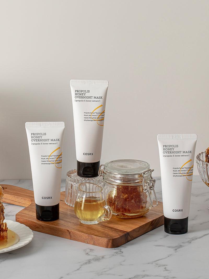 COSRX Full Fit Propolis Honey Overnight Mask tubes with honey jars