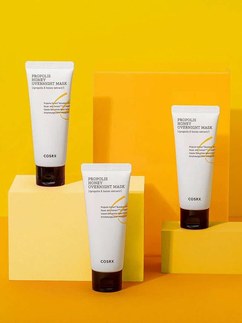 COSRX Full Fit Propolis Honey Overnight Mask on yellow background