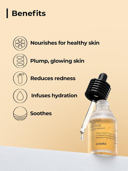 COSRX Full Fit Propolis Light Ampoule benefits – nourishes, plumps, reduces redness, hydrates, soothes