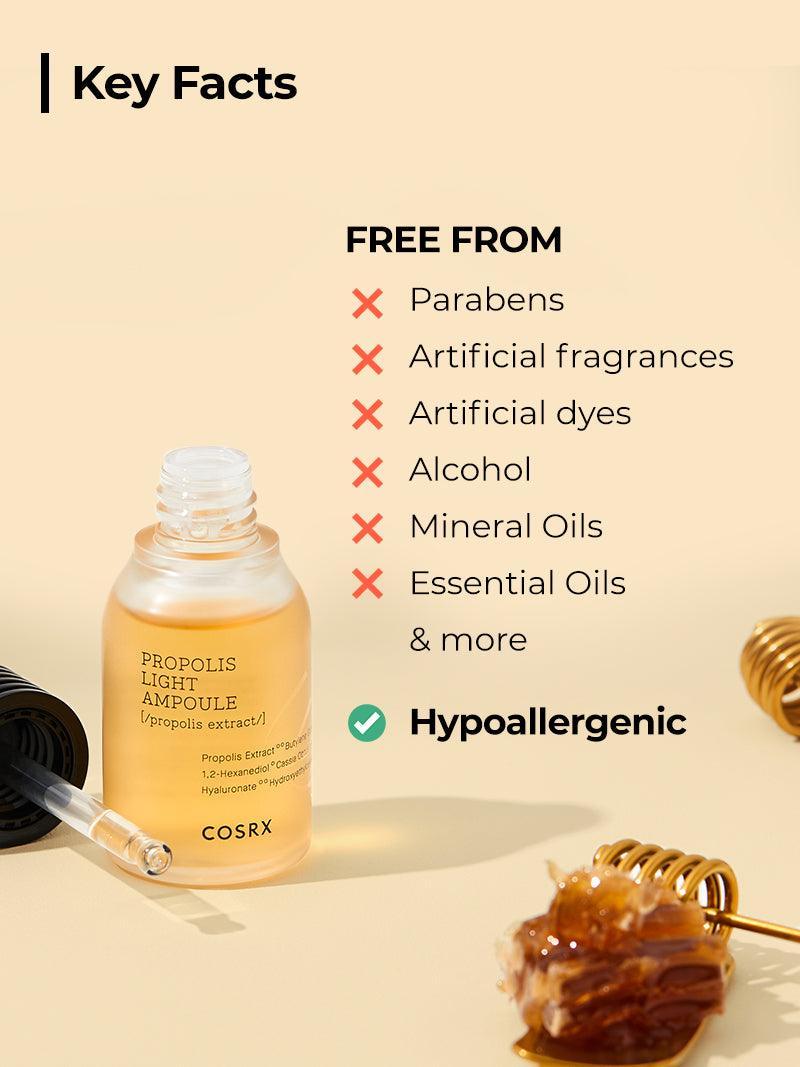 COSRX Propolis Light Ampoule key facts – free from parabens, artificial fragrance, alcohol; hypoallergenic