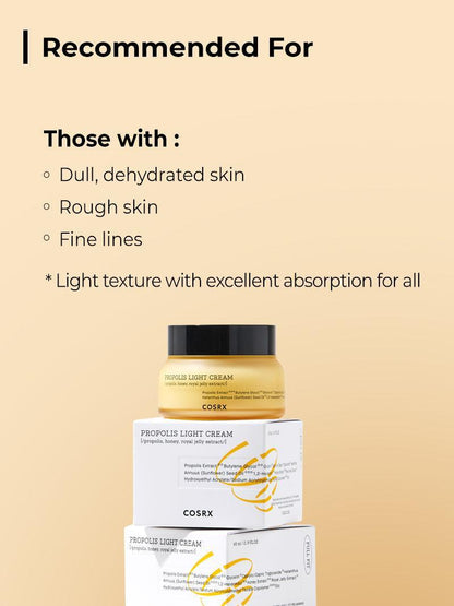 COSRX Propolis Light Cream recommended for dull, dehydrated, rough skin and fine lines