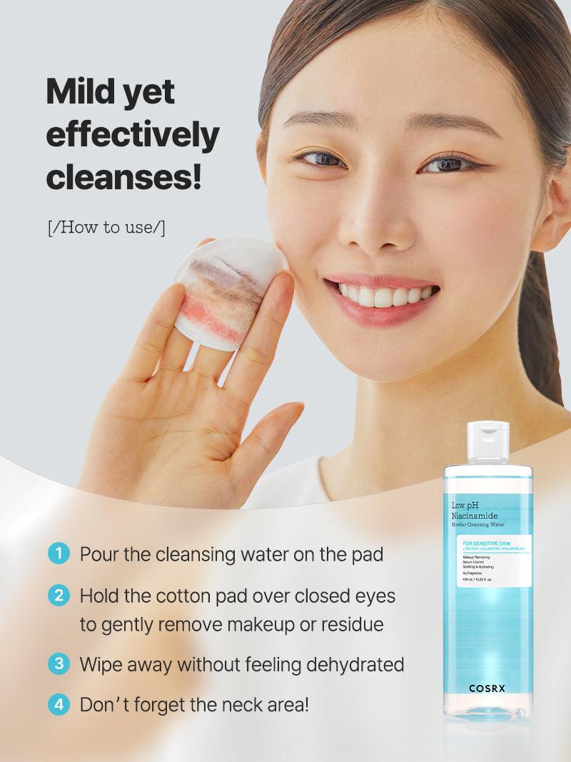 Woman using COSRX Low pH Niacinamide Micellar Cleansing Water – mild yet effective cleansing