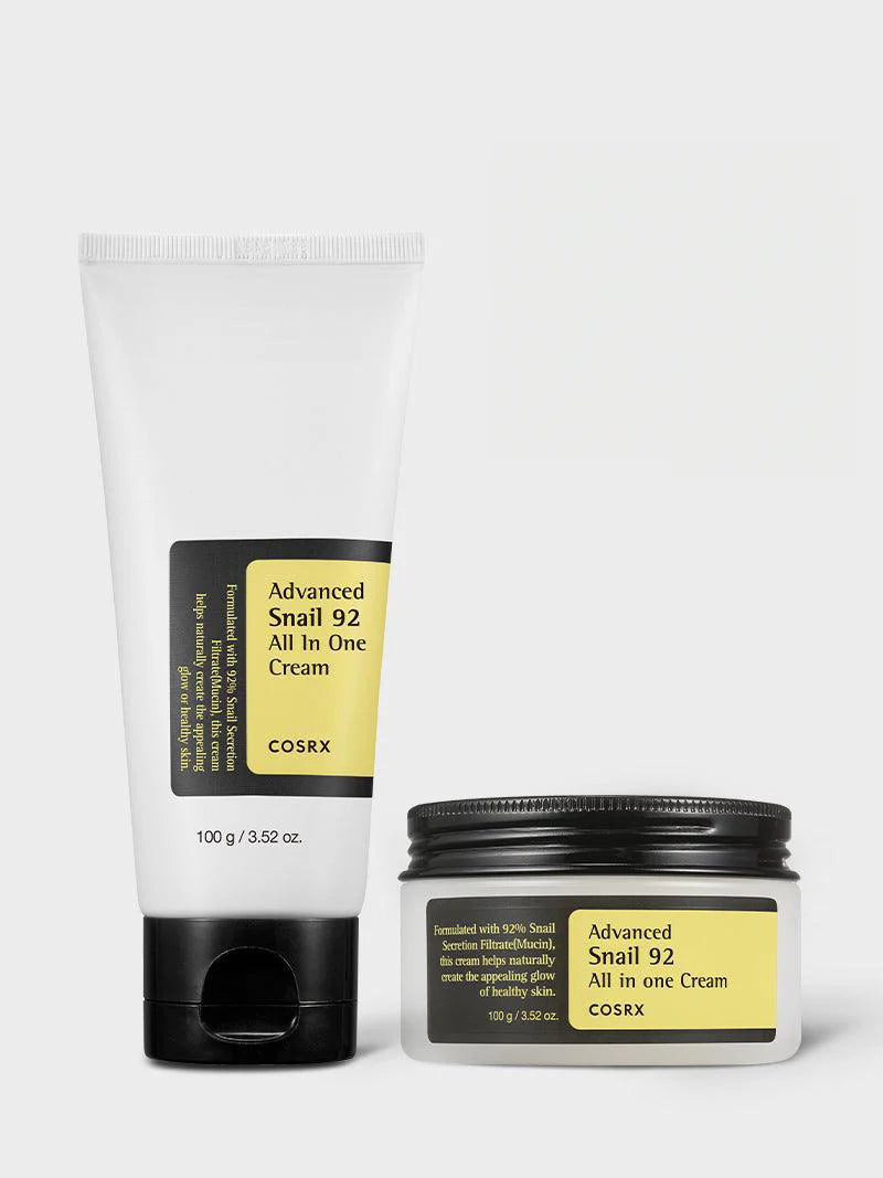 COSRX Advanced Snail 92 All in One Cream tube and jar – Korean snail mucin cream sizes