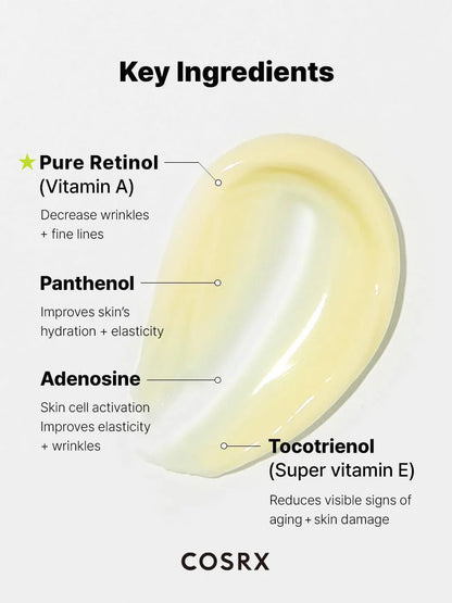 COSRX Retinol 0.1 Cream key ingredients – pure retinol, panthenol, adenosine, tocopherol